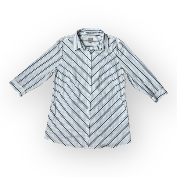 Chico's Tops - Chico's Blouse No-Iron Stain Shield Blue Stripped Cotton Button Up Top size 1